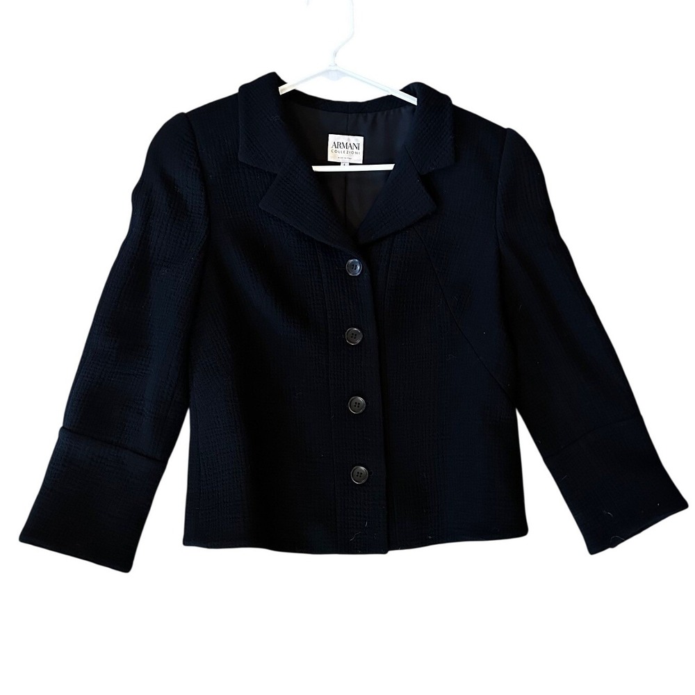 Armani Collezioni Black Textured Wool Cropped Blazer Jacket Made in Italy Size 6